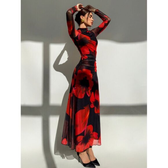 New Red Gradient Floral Print Mesh Party Long Sleeve Fitted Holiday Dress - Picture 2 of 4